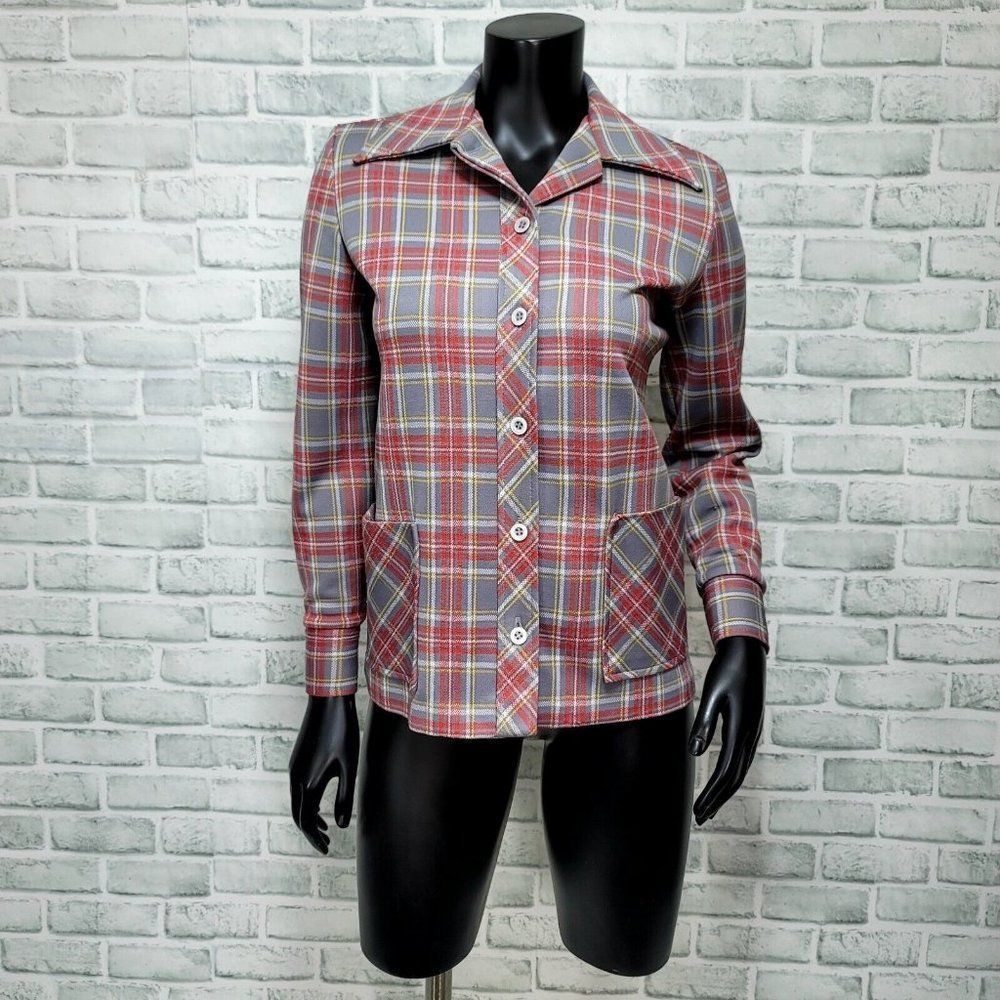 Vintage 70s JC Penneys Womens S Plaid Polyester Shirt Jacket‎ Front Pockets